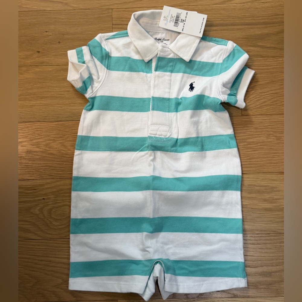 Ralph Lauren Baby Polo - White and Teal Stripes 12m